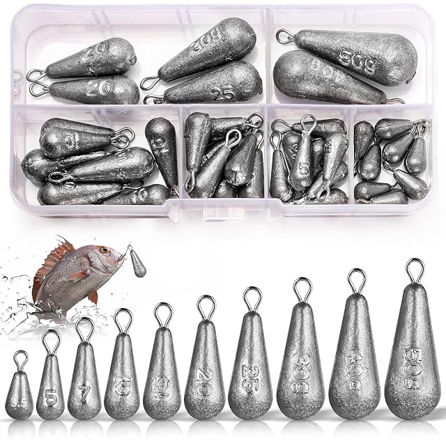 Annyswit 40-piece pear-shaped fishing sinker set in ten sizes