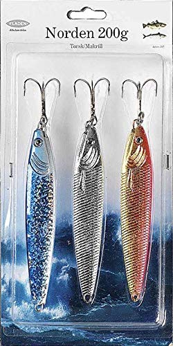 Fladen Norden three-pack of 300 g pilkers in silver, gold-orange and blue-silver