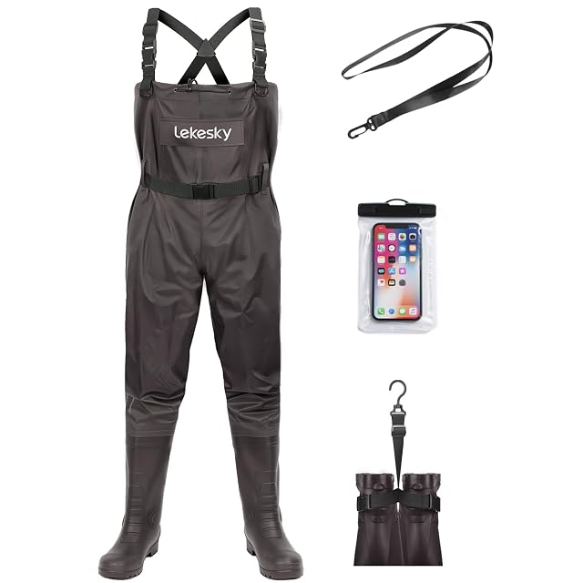 Lekesky brown two-layer nylon PVC chest waders, EU 45